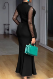 Black Mesh Rhinestone Ruched Maxi Dress Sexy Elegant Party Gown