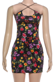 Black Multi-Color Floral Spaghetti Strap Mini Dress Vacation Bodycon Gown