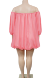 Rose Red Off-Shoulder Puff Sleeve Oversized Mini Dress Vacation Lightweight Babydoll Gown