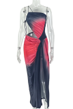 Black Red Black-Red Gradient One-Shoulder Cutout Midi Dress Edgy Party Bodycon Gown