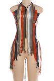 Colour Color-Block Zipper Striped Halter Top Edgy Cutout Corset Blouse