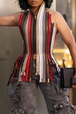 Colour Color-Block Zipper Striped Halter Top Edgy Cutout Corset Blouse