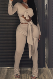 Apricot Nude Tie-Front Cutout Two-Piece Set Edgy Bodycon Long-Sleeve Pants Outfit