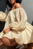 Rose Red Off-Shoulder Puff Sleeve Oversized Mini Dress Vacation Lightweight Babydoll Gown