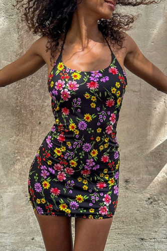 Black Multi-Color Floral Spaghetti Strap Mini Dress Vacation Bodycon Gown