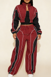 Grey Color-Block Stripe Cropped Jacket & Wide-Leg Pants Set Casual Sporty Two-Piece Outfit