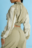Grey Color-Block Stripe Cropped Jacket & Wide-Leg Pants Set Casual Sporty Two-Piece Outfit