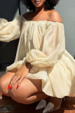 Rose Red Off-Shoulder Puff Sleeve Oversized Mini Dress Vacation Lightweight Babydoll Gown