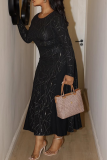Black Textured Accent Long-Sleeve Waist-Fit Midi Dress Elegant Party Bodycon Gown
