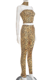 Yellow Leopard Print Halter Crop Top & Skinny Pants Two-Piece
