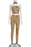 Yellow Leopard Print Halter Crop Top & Skinny Pants Two-Piece