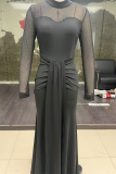 Black Mesh Rhinestone Ruched Maxi Dress Sexy Elegant Party Gown