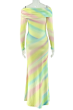 Colour Rainbow Gradient Off-Shoulder Bodycon Maxi Dress Vacation Style Gown