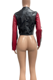Red Color-Block Cropped Moto Jacket Retro Edgy Fitted Leather Coat