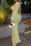 Yellow Square Neck Cutout Bodycon Maxi Dress Textured Pattern Edgy Fitted Gown