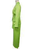 Green Blazer Two Piece Set Tie Waist Long Sleeve Wide Leg Pants Formal