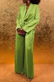 Green Blazer Two Piece Set Tie Waist Long Sleeve Wide Leg Pants Formal