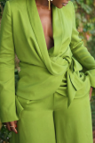 Green Blazer Two Piece Set Tie Waist Long Sleeve Wide Leg Pants Formal