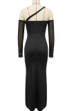 Black Cutout Maxi Dress One Shoulder Sheer Sleeve Bodycon Formal Gown