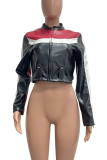 Red Color-Block Cropped Moto Jacket Retro Edgy Fitted Leather Coat