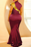 Black Mermaid Maxi Dress Mock Neck Contrast Panel Satin Formal Gown
