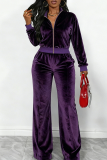 Purple Velvet Two Piece Set Zip Jacket Wide Leg Pants Casual Track Suit