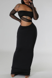 Black Cutout Maxi Dress One Shoulder Sheer Sleeve Bodycon Formal Gown