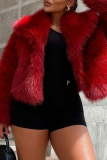 Burgundy Faux Fur Jacket Short Length Lapel Collar Casual Warm Outerwear