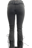 Black Side Lace-Up Cutout Flared Jeans Edgy Y2K Statement Denim Pants