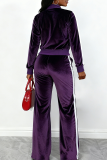 Purple Velvet Two Piece Set Zip Jacket Wide Leg Pants Casual Track Suit