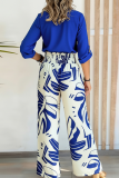 Dark Blue Casual Print Buckle V Neck Three Quarter Two Pieces