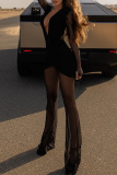 Black Sexy Solid Color Ruched Deep V Neck Long Sleeve Two Pieces