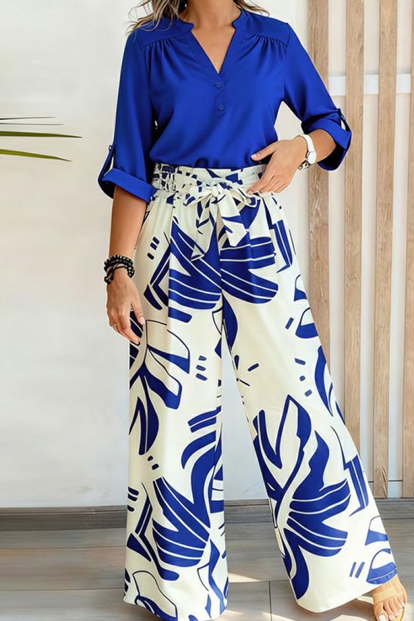 Dark Blue Casual Print Buckle V Neck Three Quarter Two Pieces