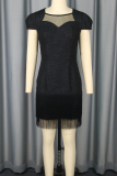 White Bodycon Mini Dress Textured Fabric Sheer Yoke Double Fringe Hem