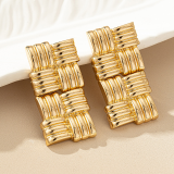 Gold Woven Square Earrings Textured Link Design Statement Stud Dangle Jewelry