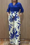 Dark Blue Casual Print Buckle V Neck Three Quarter Two Pieces