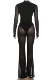 Black Sexy Solid Color Ruched Deep V Neck Long Sleeve Two Pieces