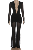 Black Sexy Solid Color Ruched Deep V Neck Long Sleeve Two Pieces