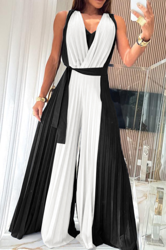 Black Casual Solid Color Ruched Contrast V Neck Loose Jumpsuits