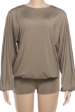 Khaki Casual Solid Color Backless O Neck Loose Rompers
