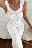 White Casual Print Stringy Selvedge V Neck Sleeveless Two Pieces