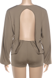 Khaki Casual Solid Color Backless O Neck Loose Rompers