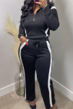 Black White Casual Stripe Zipper Contrast Zipper Collar Long Sleeve Two Pieces