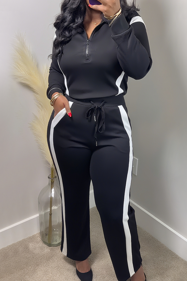 Black White Casual Stripe Zipper Contrast Zipper Collar Long Sleeve Two Pieces