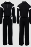 Black White Casual Stripe Zipper Contrast Zipper Collar Long Sleeve Two Pieces