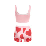 Pink Sexy Casual Street Daily Party Nightclub Y2k Love Print Heart Shaped Sleeveless Two Pieces
