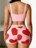 Pink Sexy Casual Street Daily Party Nightclub Y2k Love Print Heart Shaped Sleeveless Two Pieces