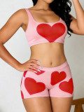 Pink Sexy Casual Street Daily Party Nightclub Y2k Love Print Heart Shaped Sleeveless Two Pieces