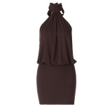 Coffee Sexy Daily Hot Club Nightclub Solid Color Halter Wrapped Skirt Dresses