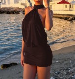 Coffee Sexy Daily Hot Club Nightclub Solid Color Halter Wrapped Skirt Dresses